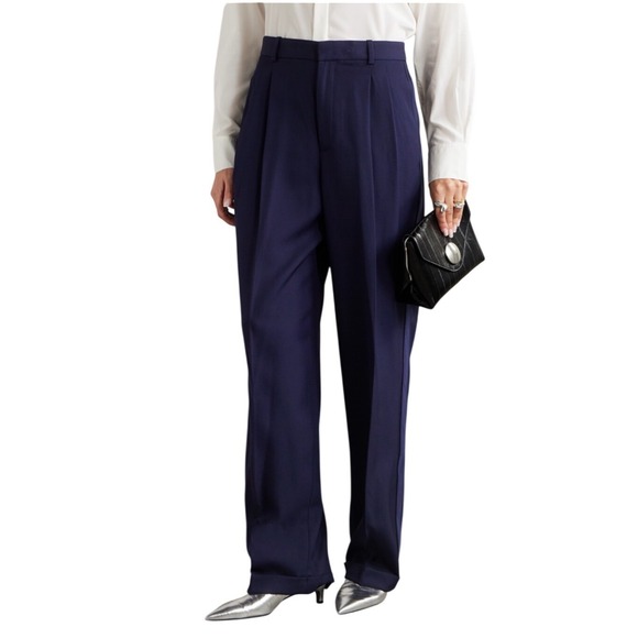 Polo Ralph Lauren Pants - Polo Ralph Lauren Wool Silk Satin Trim Pleated Wide Leg Pants Navy Blue NWT 6